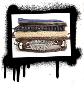 4 sectioned leather, stainless steel, bead, braided bracelet.