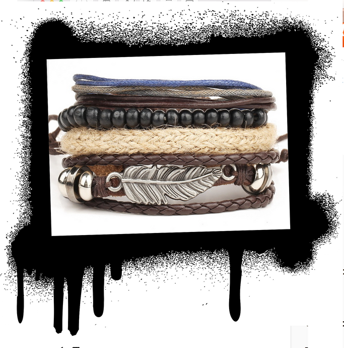 4 sectioned leather, stainless steel, bead, braided bracelet.