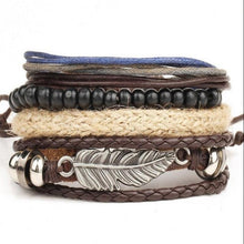 4 sectioned leather, stainless steel, bead, braided bracelet.